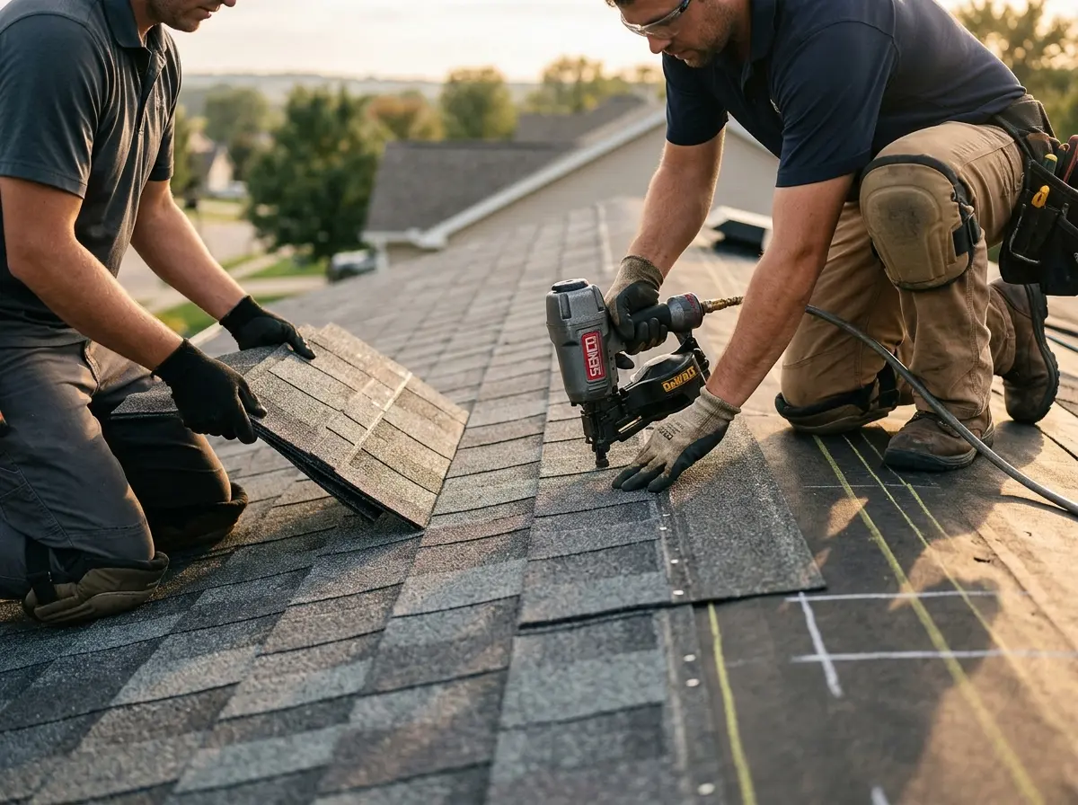 Professional roofer working on a residential roof in St. Andrews